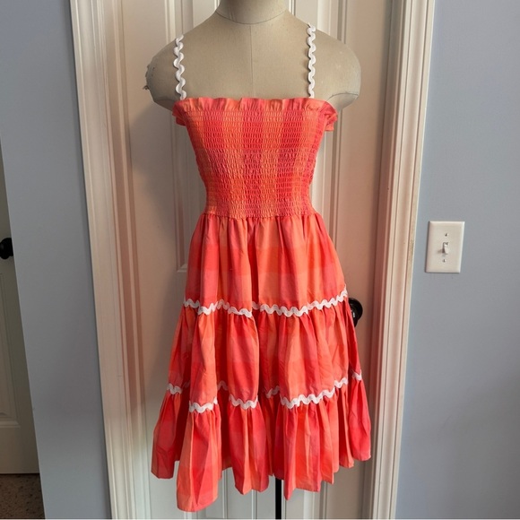 Sundress The Brand Large / XL Big Gingham Coral Smocked Rickrack DRESS Beach - Picture 2 of 9